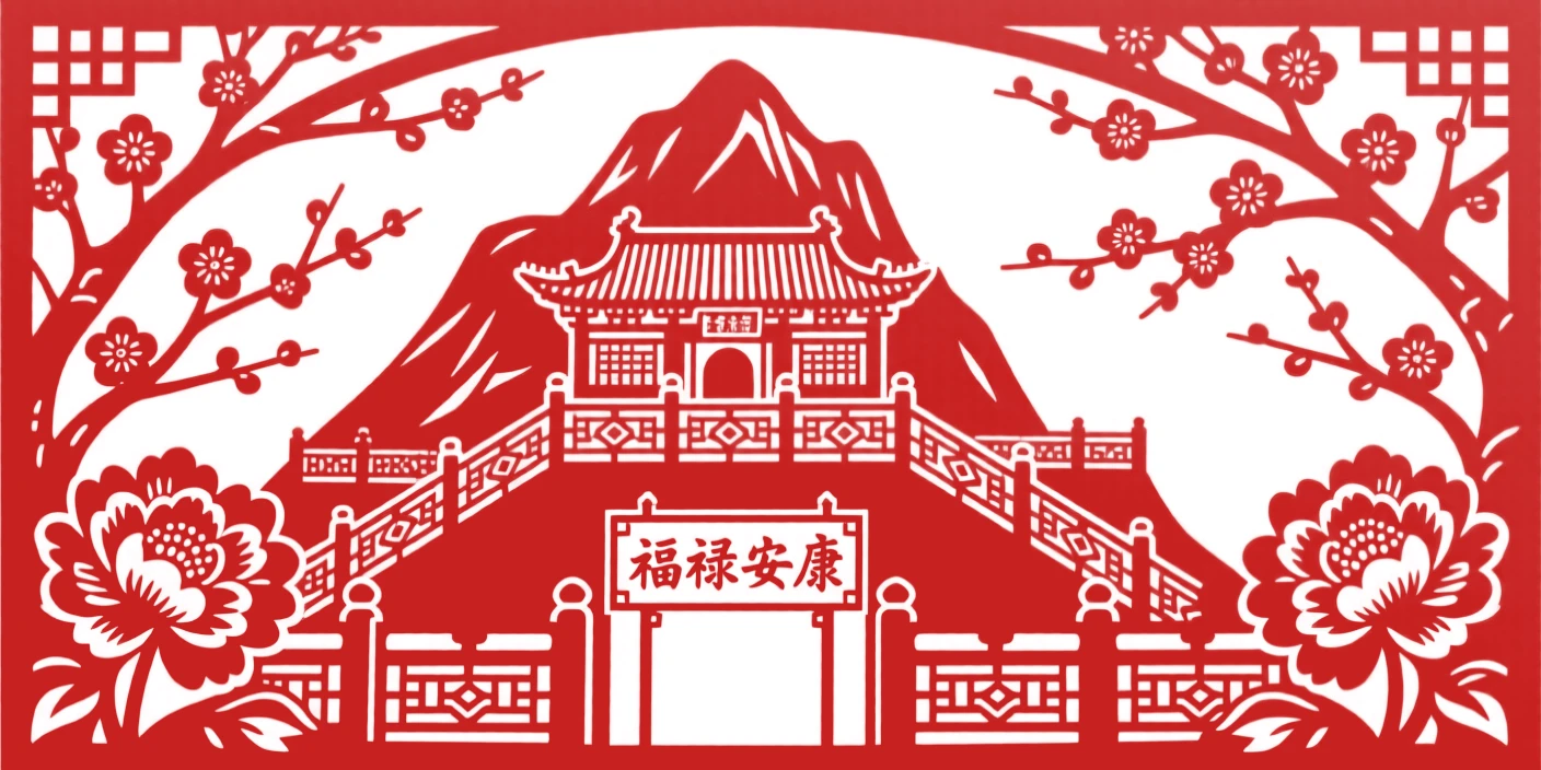 A mountain monastery, framed by blossoming trees in full spring bloom, its carved railings catching the last light.