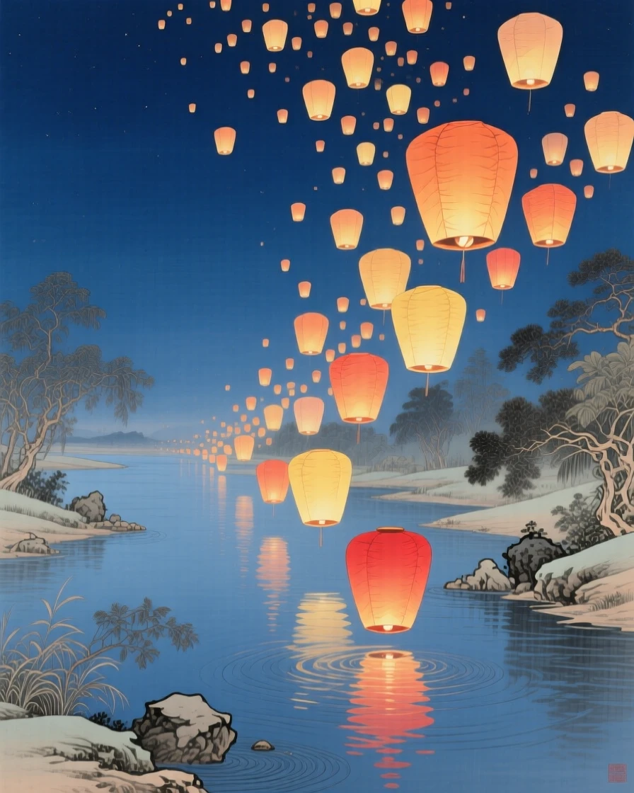 A night sky filled with hundreds of glowing sky lanterns rising over a river