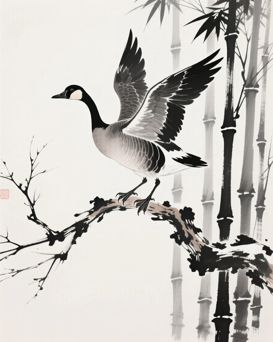 A wild goose perched on a bare winter branch within a quiet bamboo grove, captured mid-motion with wings outstretched, suggesting renewal and the gentle passage of seasons.