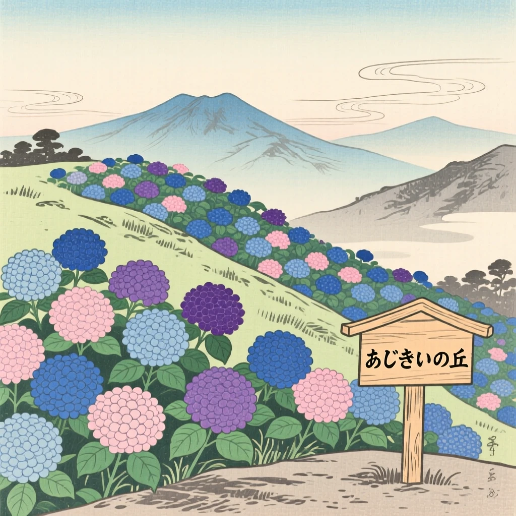 A hillside of blooming hydrangeas with distant mountains fading into haze.