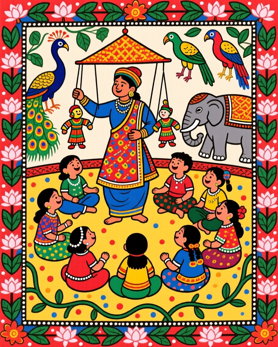 A puppeteer entertaining a circle of delighted children.