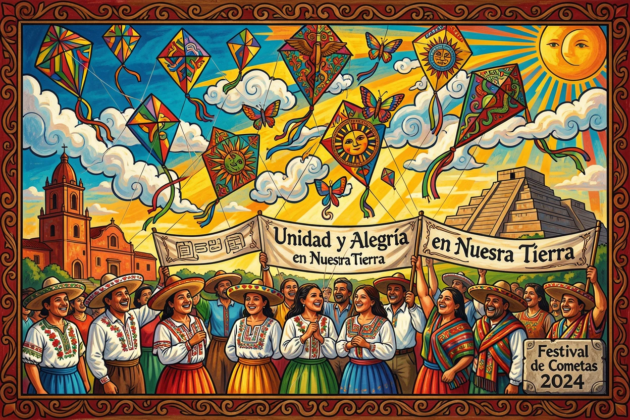 A colorful kite festival filling the sky with shapes and patterns