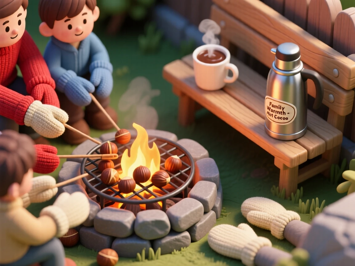 A family scene of roasting chestnuts over an open fire in the backyard, mittened hands warming nearby, and a thermos of cocoa on a bench.