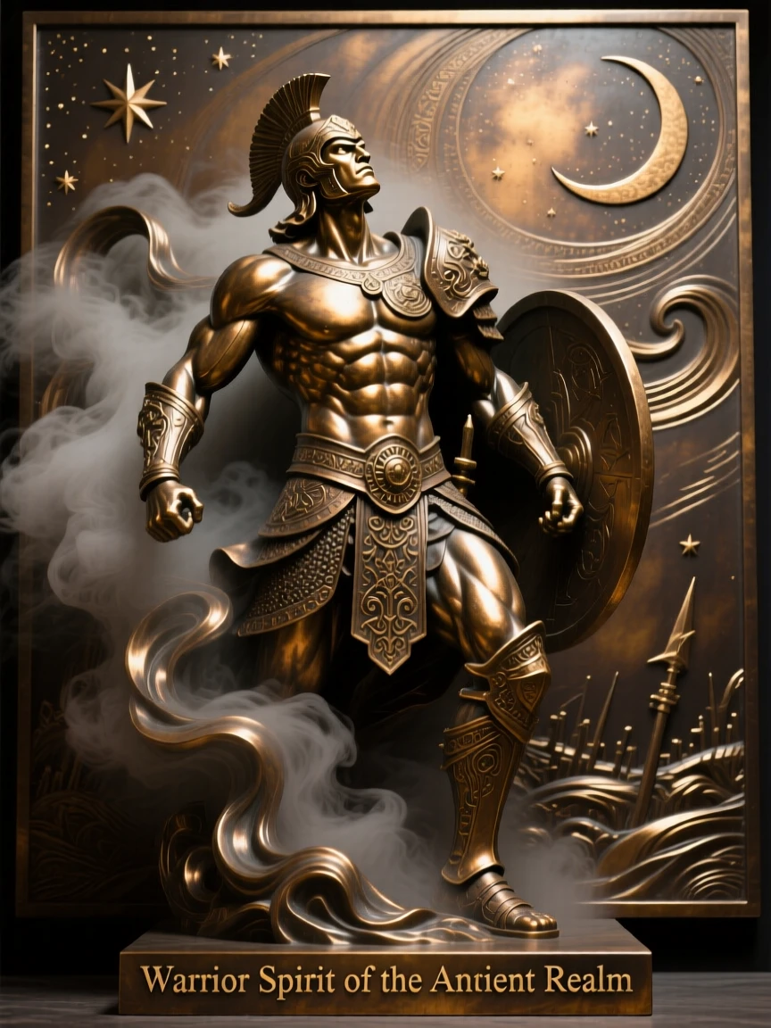 A warrior spirit rising from an ancient battlefield mist, set against a vast celestial backdrop, radiating awe and grandeur