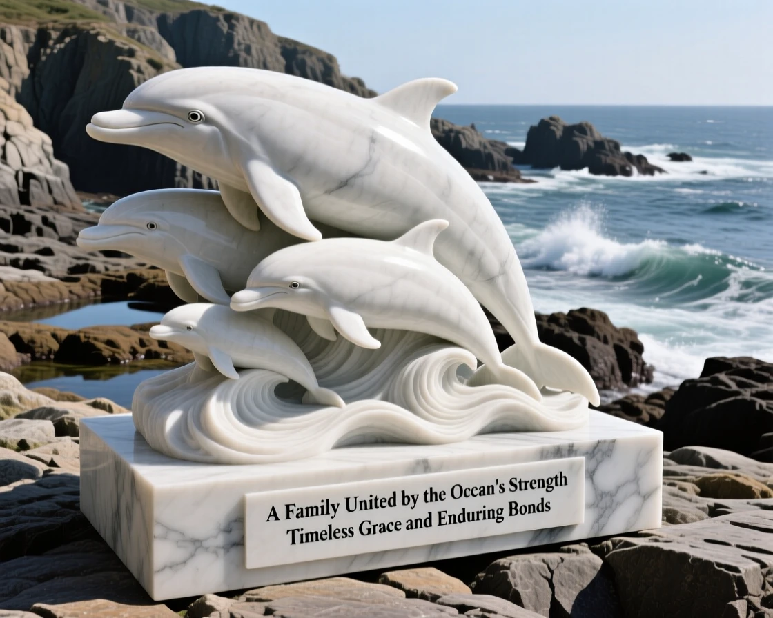 A family of dolphins captured in a powerful, dignified pose along a rugged coastline