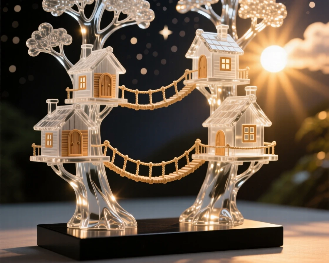 A treehouse village connected by rope bridges under starlight at golden hour with warm rays breaking through the clouds, epic scale composition, inspiring a sense of wonder and hope.