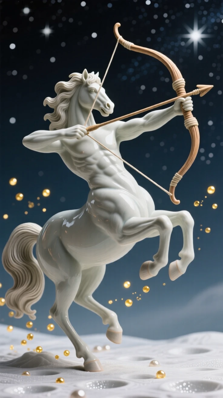 A centaur drawing back a bow frozen mid-flight against a starry sky, surrounded by drifting motes of golden light, stirring a sense of awe and quiet reverence.