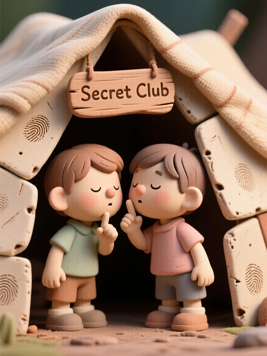 Two children whispering secrets under a blanket fort