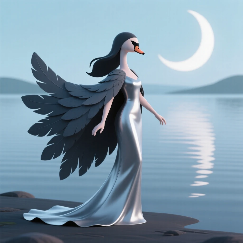 A graceful swan maiden sheds her feathered cloak beside a moonlit lake, revealing a shimmering silver gown.