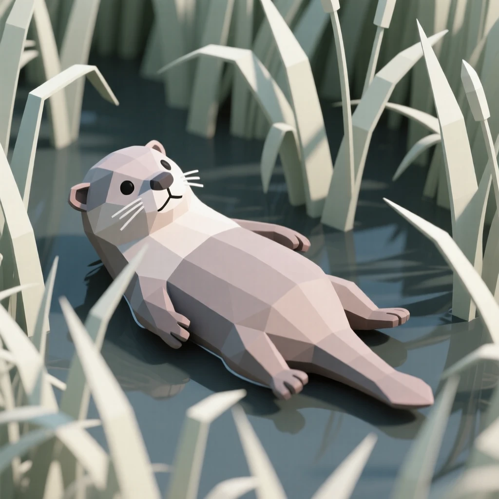 A playful otter floating on its back, amid tall swaying grass. delicate detail is visible in the fur and eyes. The scene radiates quiet strength.