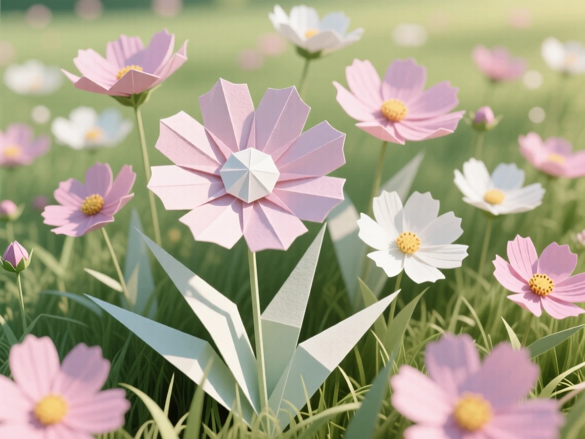 A peaceful meadow of blooming cosmos flowers swaying gently in a summer breeze.