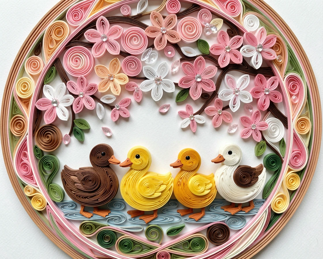 a duckling family paddling in a neat row beneath a canopy of cherry blossom petals, with tiny sparkling highlights catching the light, framed in a close-up circular vignette.