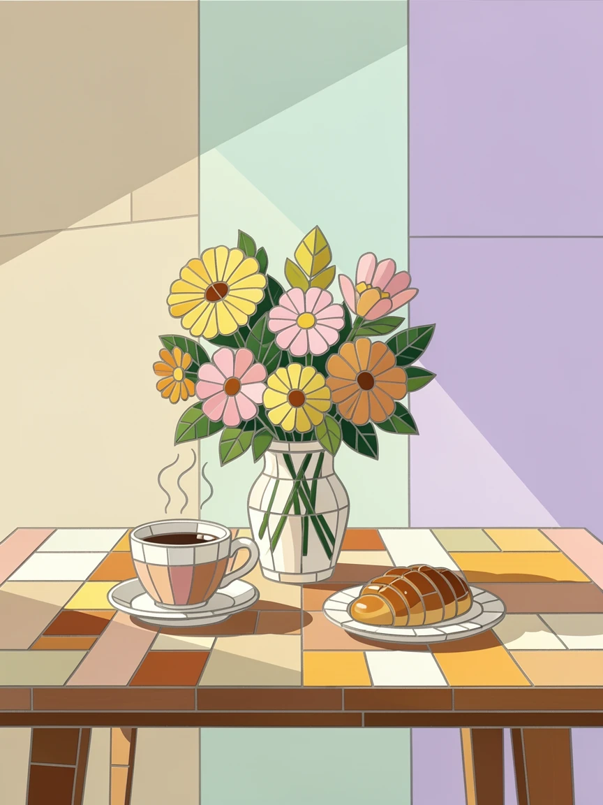 A sunlit kitchen table set with fresh flowers and morning coffee.