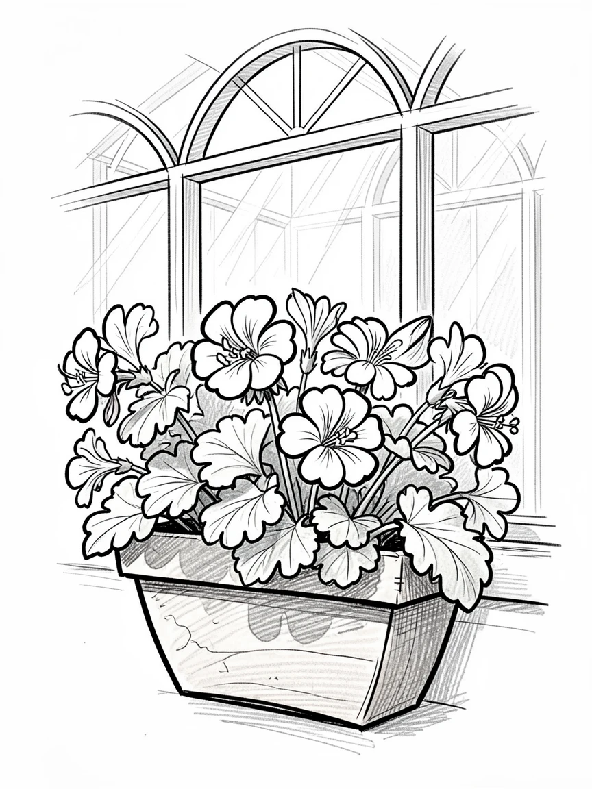 A window box overflowing with geraniums in a sunlit greenhouse.