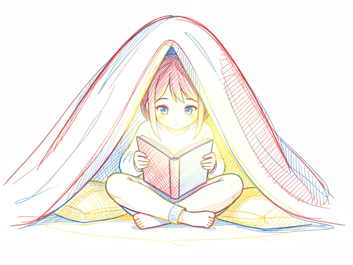 A young girl reading a book by flashlight under a blanket fort