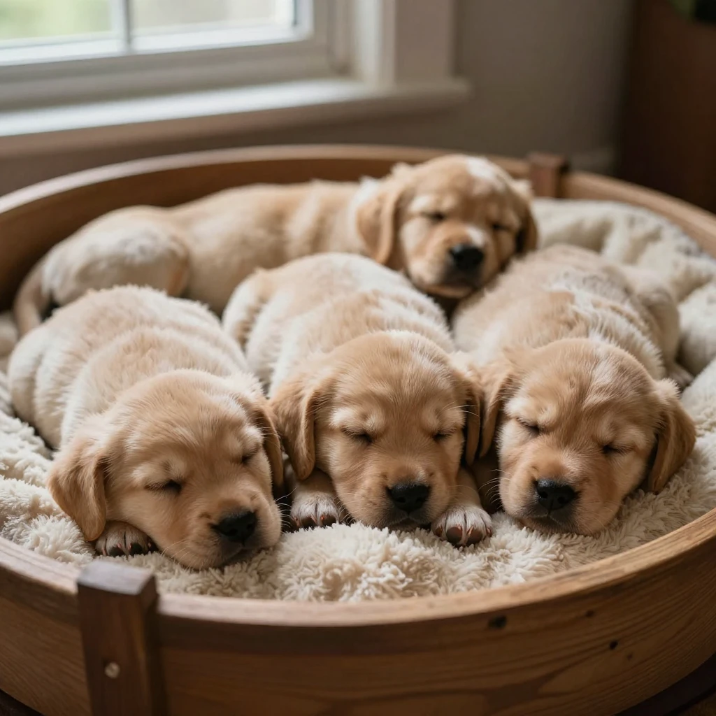 A litter of puppies piled together sleeping