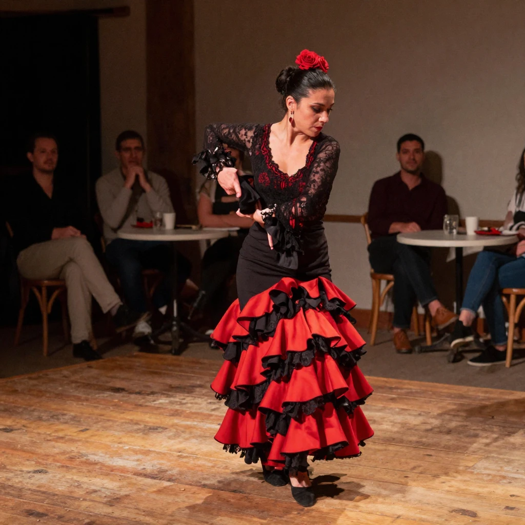 A flamenco dancer stomps in sharp rhythm on a small wooden stage.