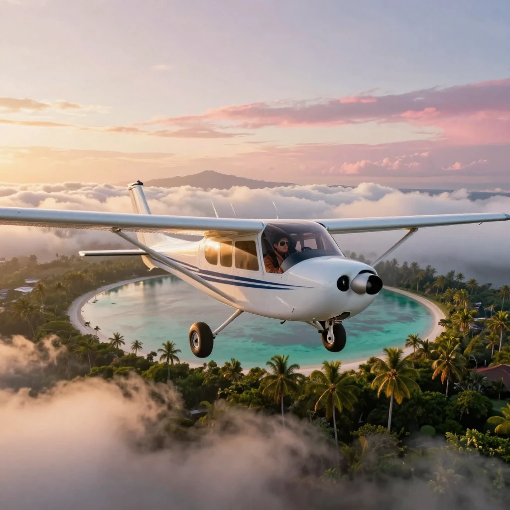 A private pilot gliding above the clouds at sunrise within a secluded tropical lagoon
