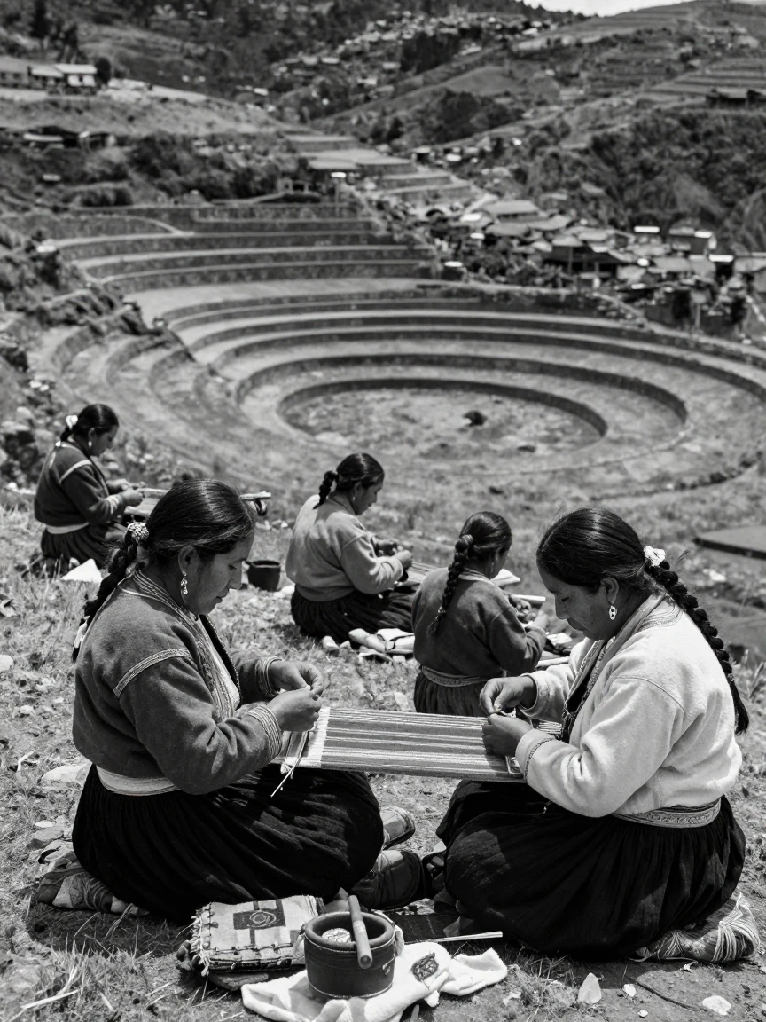 Andean weavers weave intricate patterns by hand atop a terraced hillside.