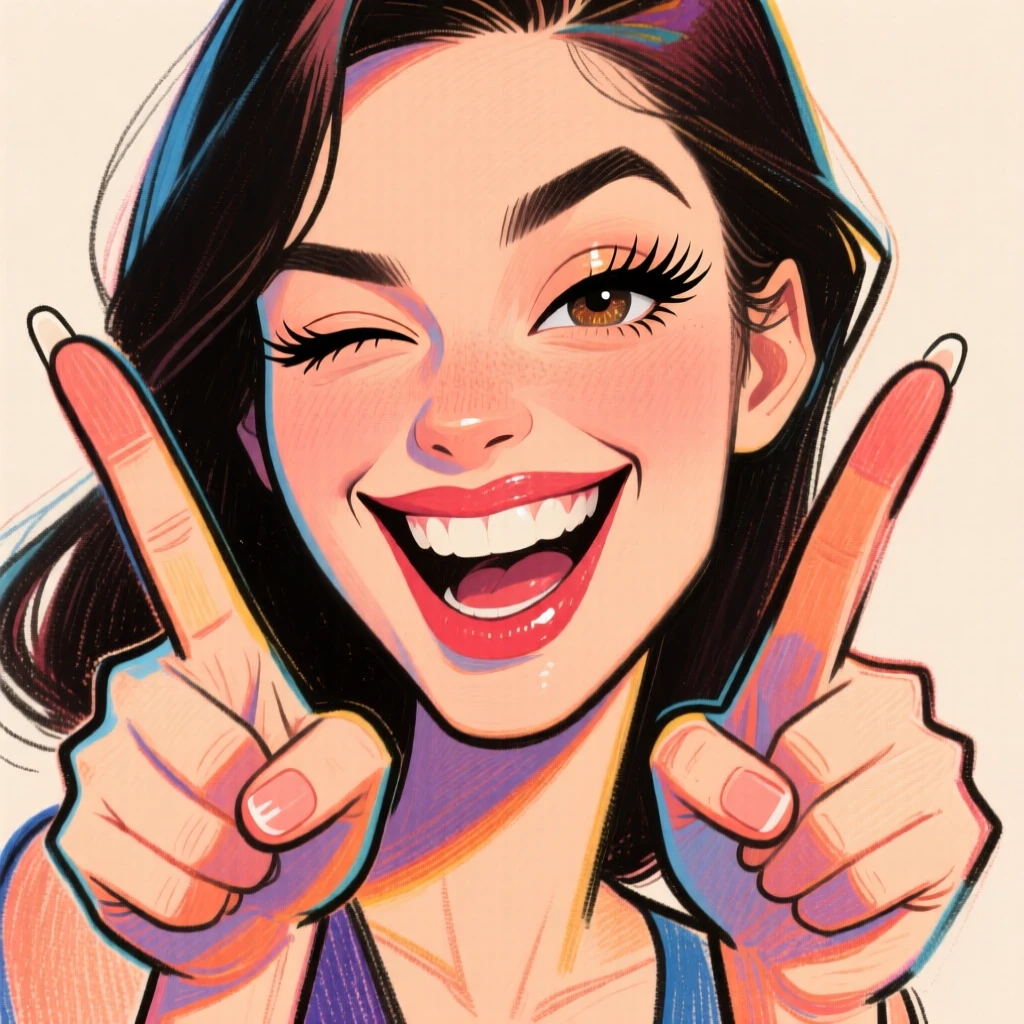 A woman giving an exaggerated wink and finger guns to the camera.