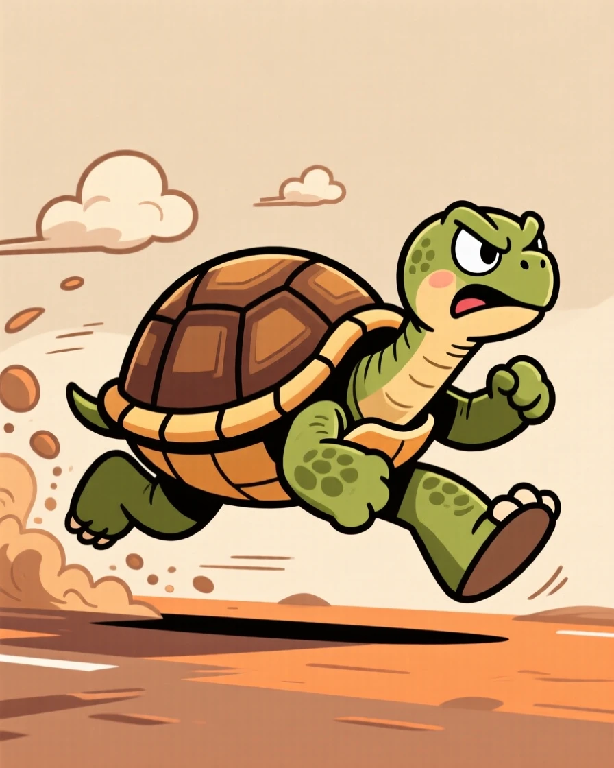 A charming animal moment featuring a determined tortoise racing forward with a look of fierce concentration, dust flying behind it.