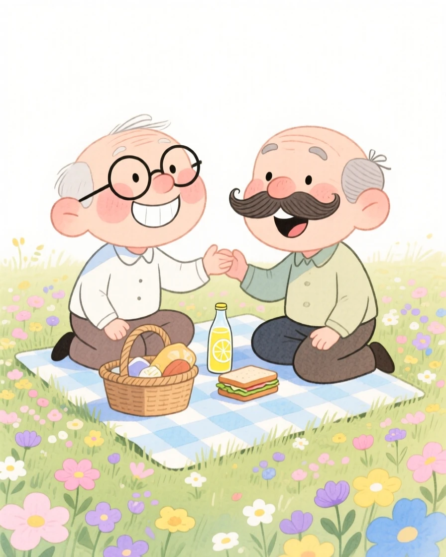 Old friends reuniting sharing a picnic in a flower-filled meadow