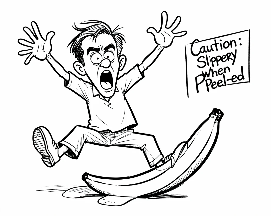 [Funny & Exaggerated Situations] Comical scene of a man slipping on a banana peel with arms flailing in the air, exaggerated for maximum laughs