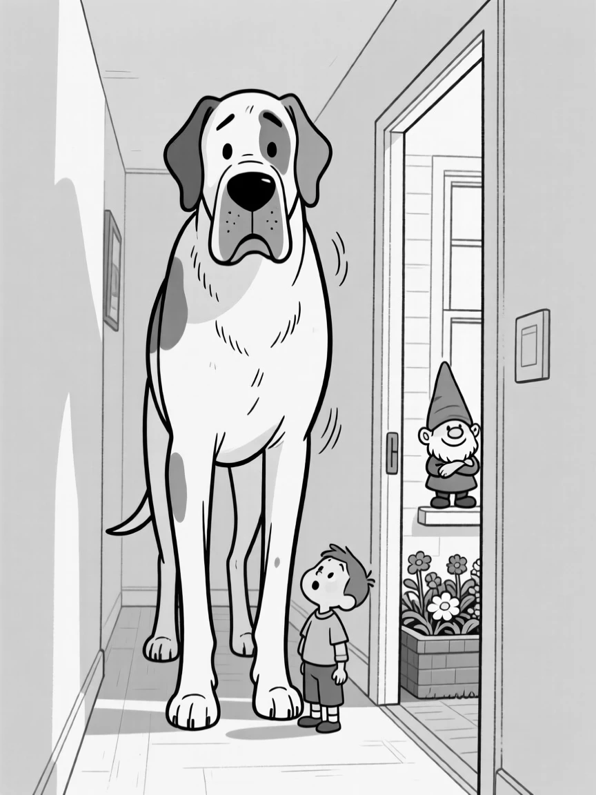 A goofy Great Dane towering over its tiny owner, shivering with an embarrassed expression, set blocking a narrow hallway. A garden gnome watches from the flower bed. It's an irresistibly charming slice of animal personality.