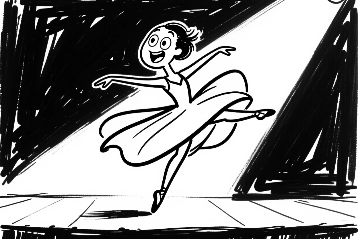 A dancer mid-leap on a stage, spotlight catching a flowing costume.