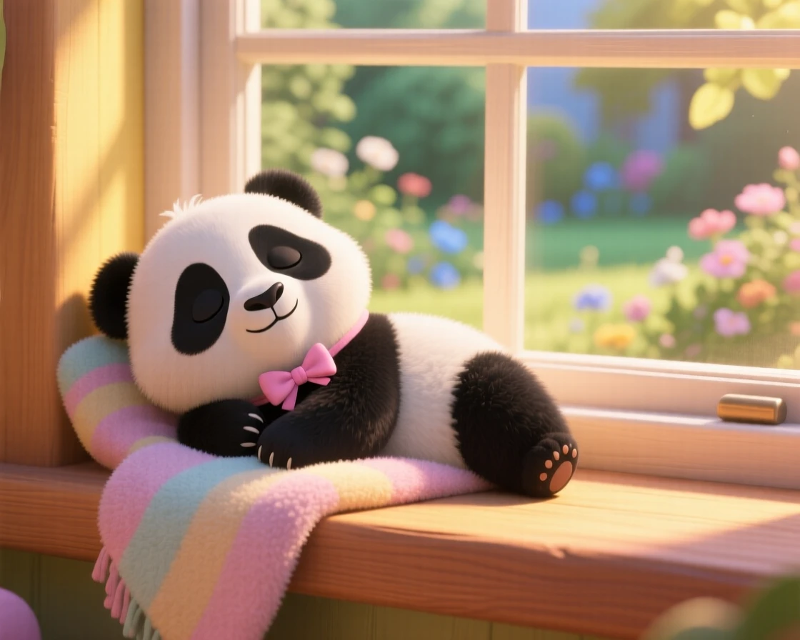 A baby panda cub is resting on a windowsill in warm afternoon light, nuzzling against a soft blanket. Playful joy radiates from the small creature, with a tiny bow tied around its neck.