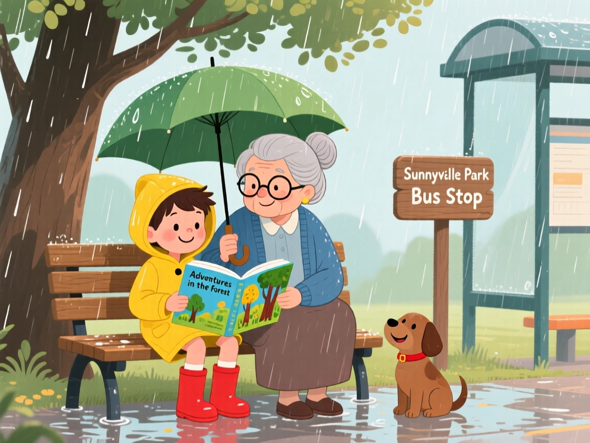In a rainy bus stop, a young boy and an elderly neighbor bond over reading together on a park bench, as a small act of kindness brings a big smile.