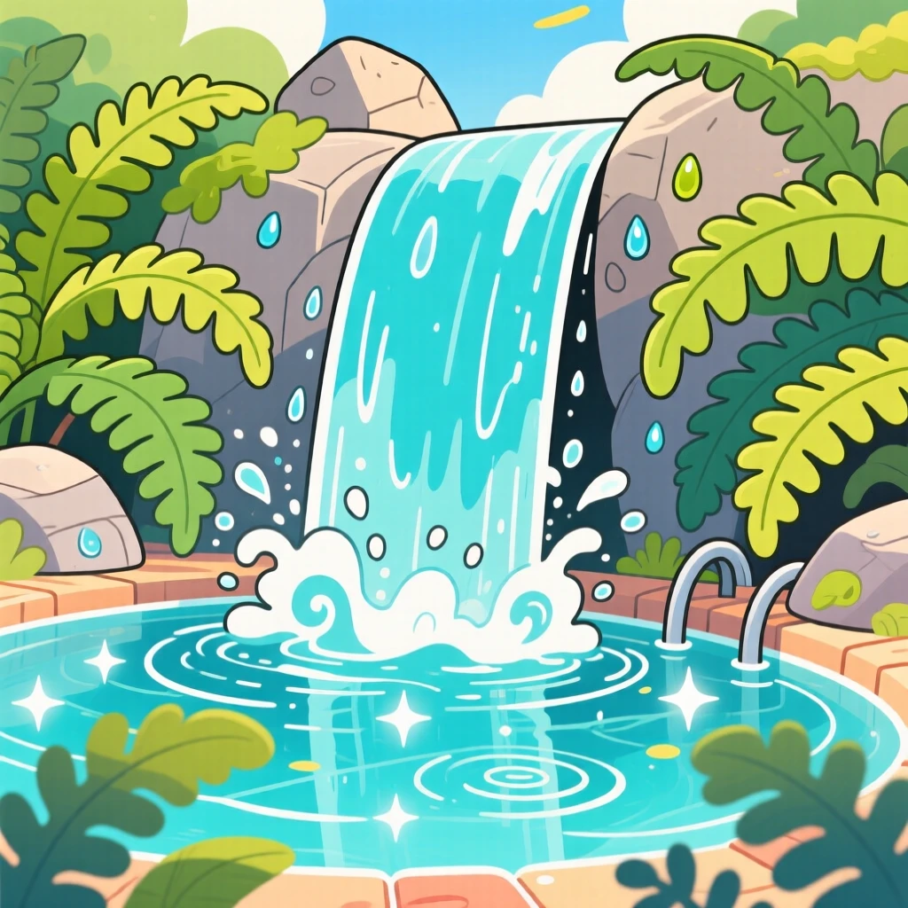 A waterfall cascading into a crystal-clear pool surrounded by ferns.