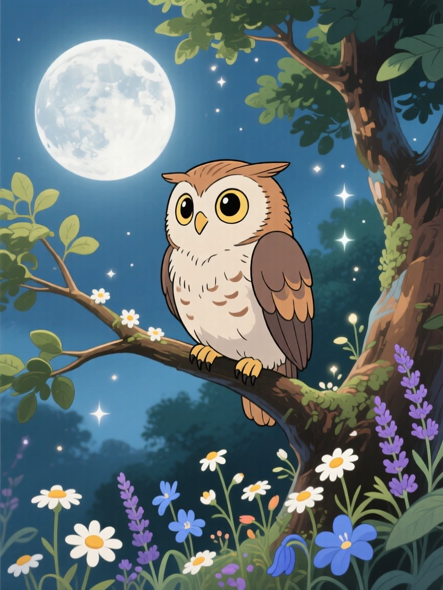 An owl perched on a moonlit branch, surrounded by scattered wildflowers, radiating pure charm.