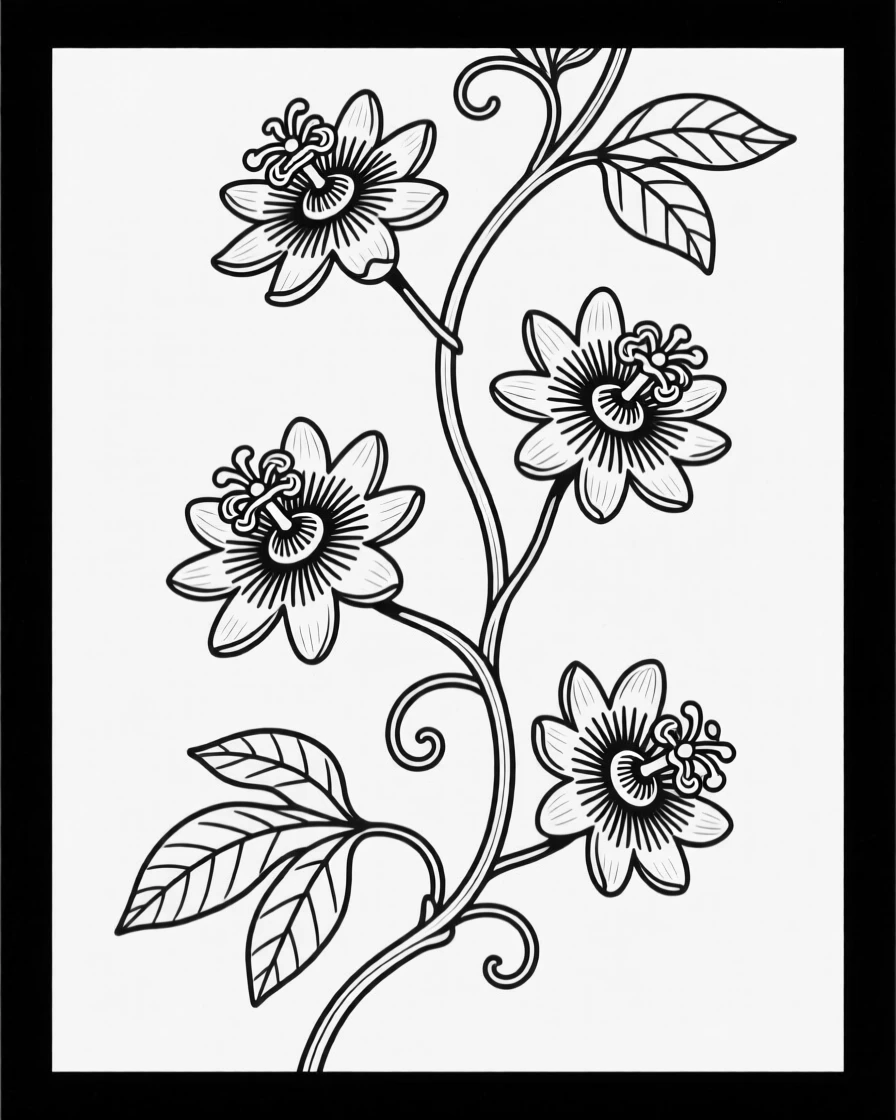 A vine of passionflower with intricate blossom detail