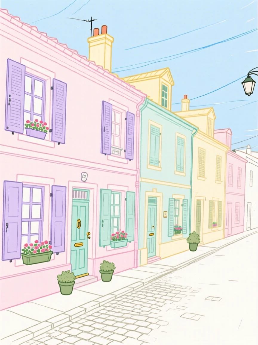 A quiet European street lined with pastel-colored houses.