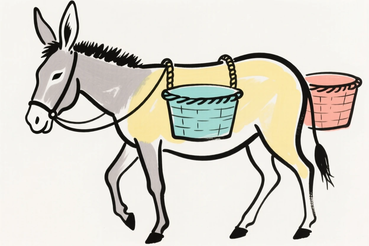 A donkey carrying baskets