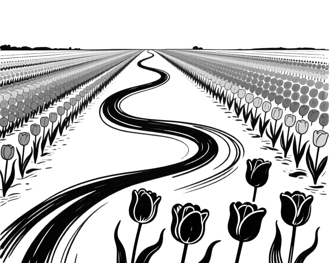 A field of tulips arranged in vibrant rainbow-colored rows.