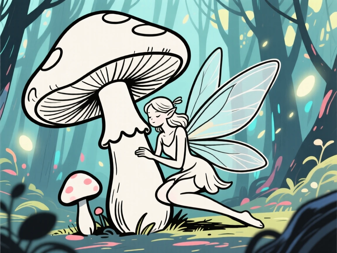 A fairy resting on a giant mushroom in a glowing woodland grove.