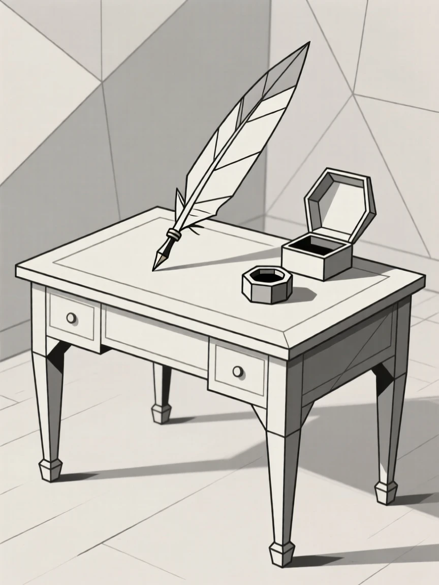 An antique writing desk with a quill and inkwell