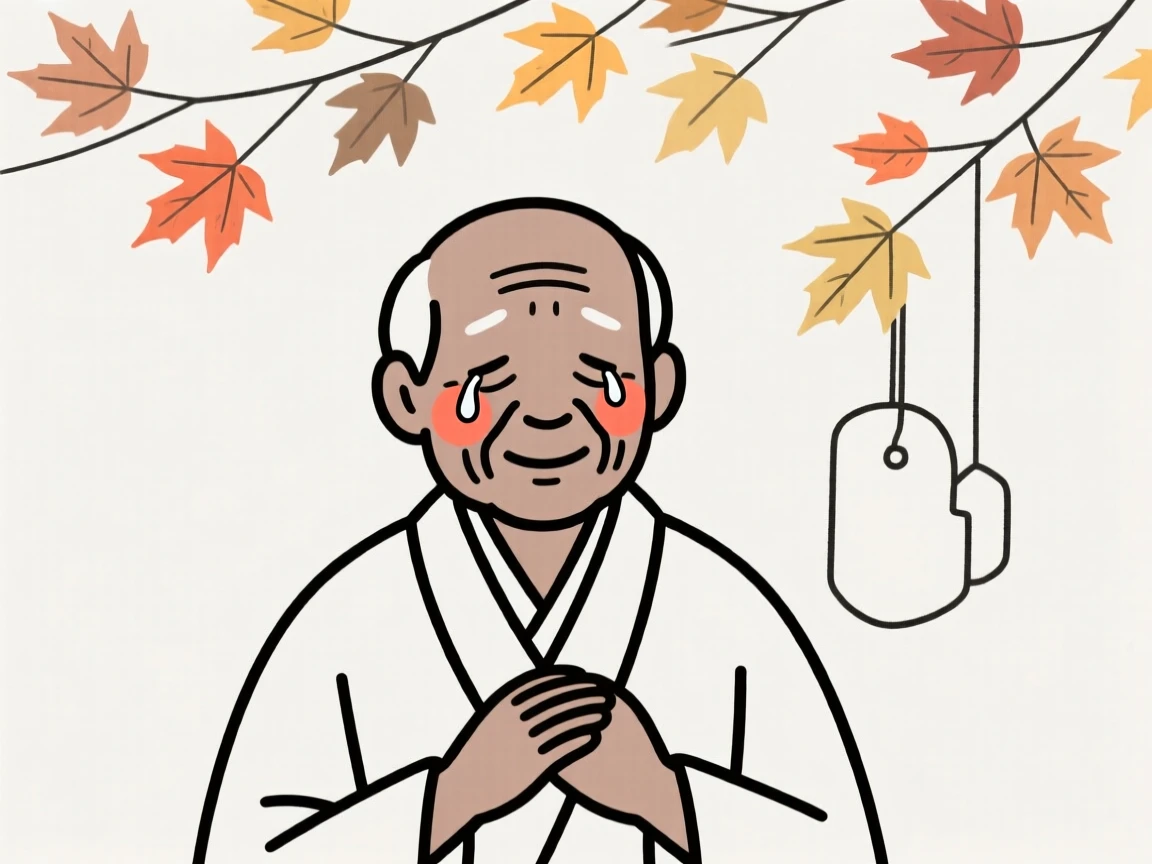 A grandfather of Jamaican heritage wearing a traditional kimono, holding back happy tears, under a canopy of autumn leaves.