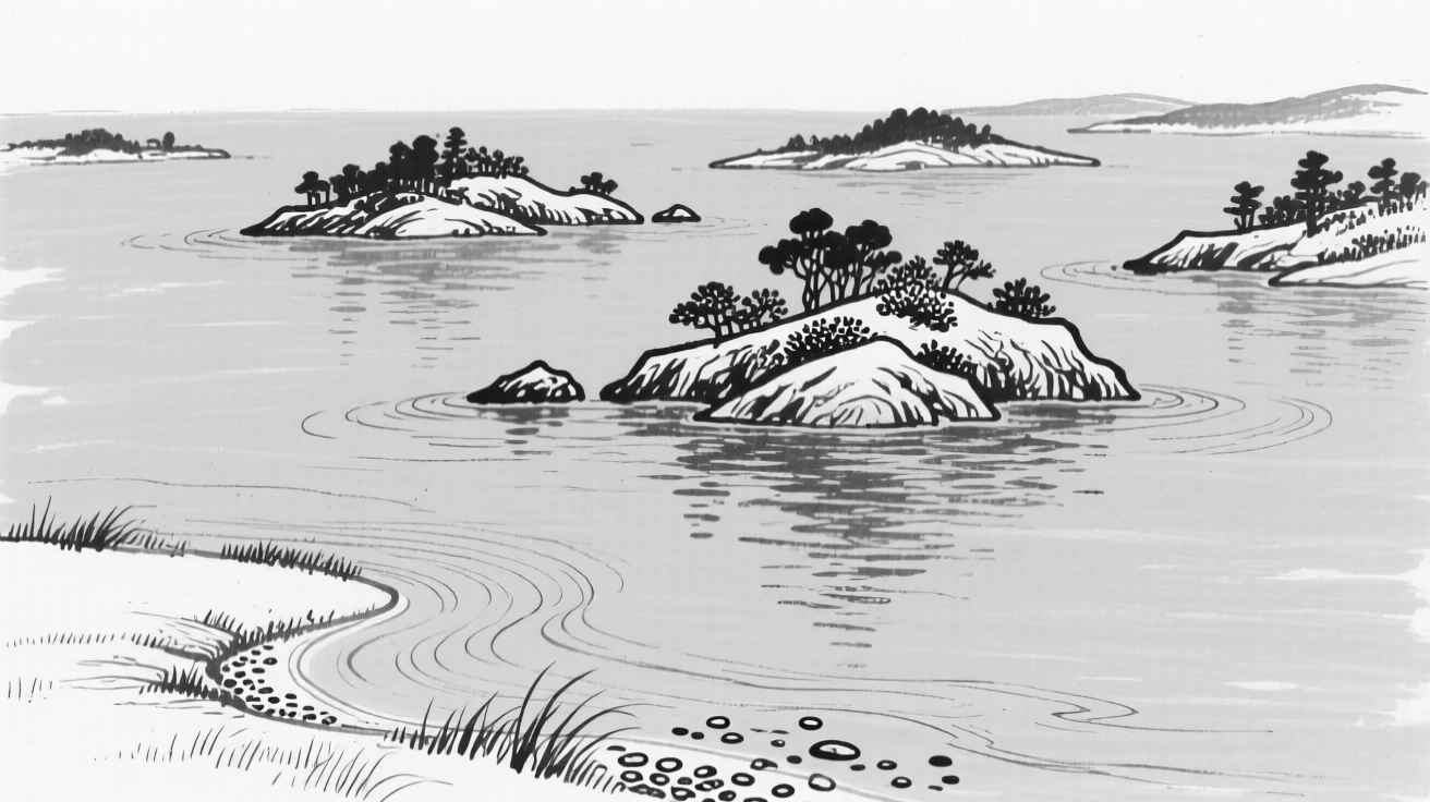 A peaceful bay with small islands scattered across calm turquoise water.