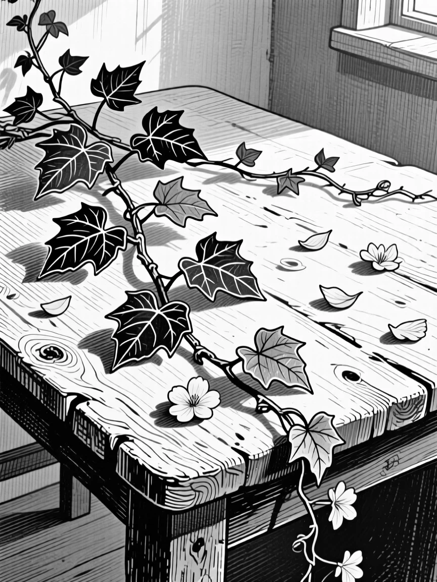 A trailing ivy vine set against a rustic wooden table, with petals catching a beam of light, composed in a softly nostalgic still-life arrangement.