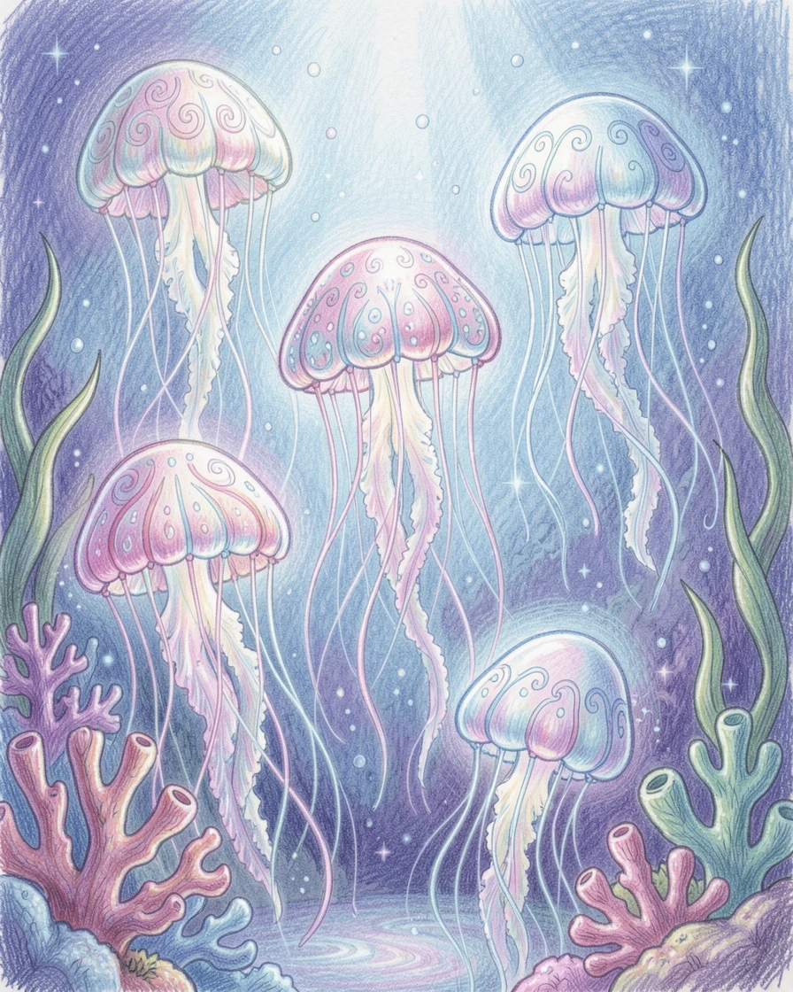 A school of glowing jellyfish drifting through an underwater fantasy realm, with intricate, whimsical details throughout the scene, full of mystery, beauty, and imaginative charm.