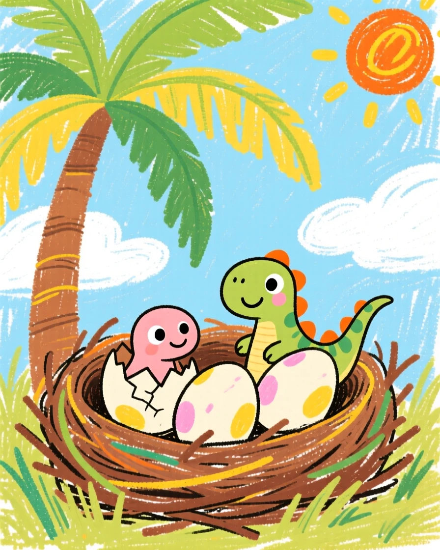 A nest of dinosaur eggs hatching beneath a prehistoric palm tree.