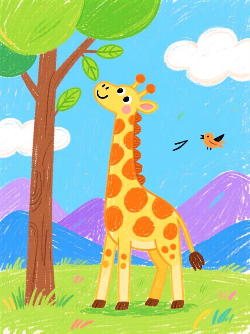 A giraffe reaching for treetop leaves as clouds drift over distant mountains.