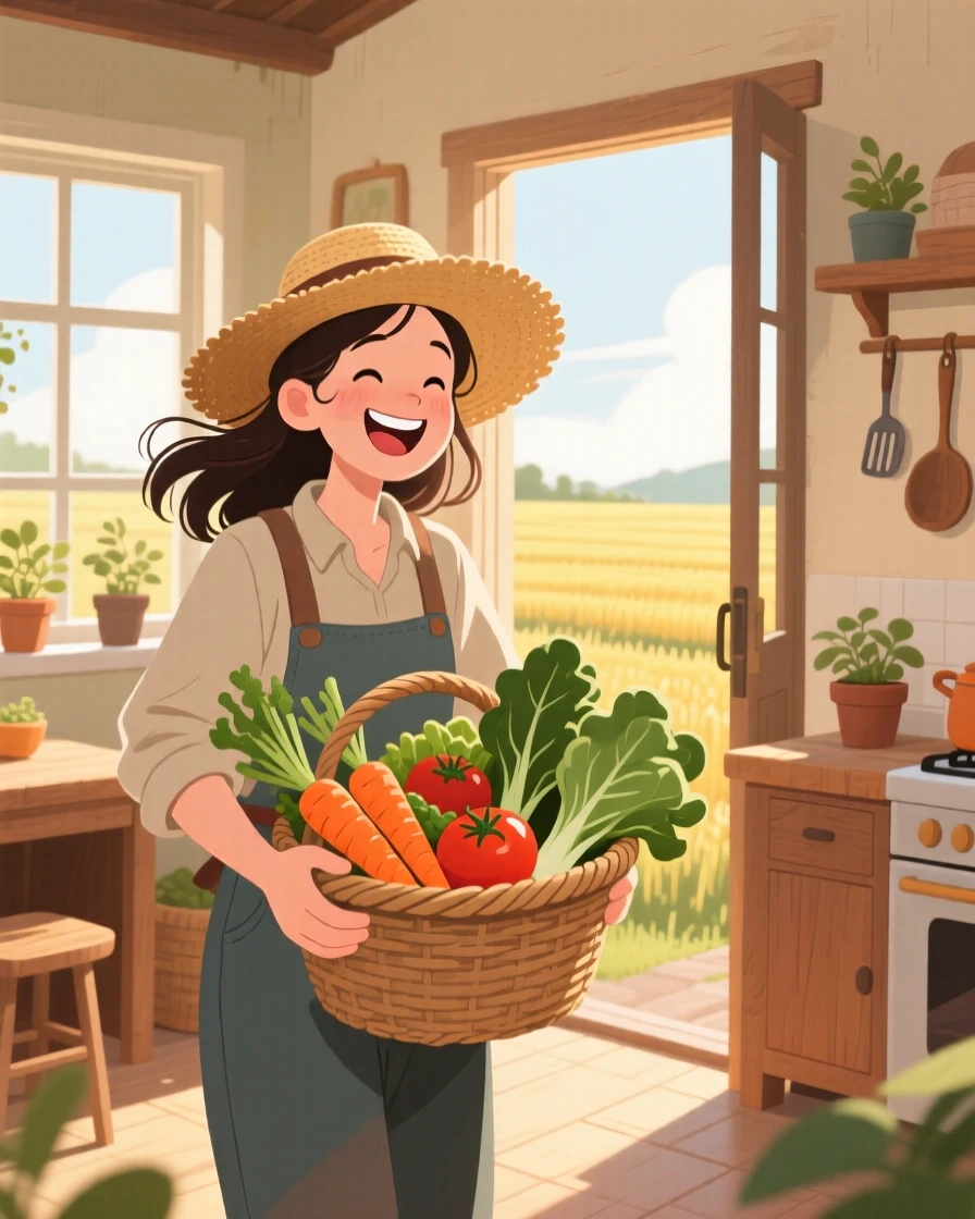 A farmer harvesting fresh vegetables in a sunny field, inside a cozy home filled with warm light, shown from a friendly eye-level perspective, with small joyful details like flying hair or bright laughter.