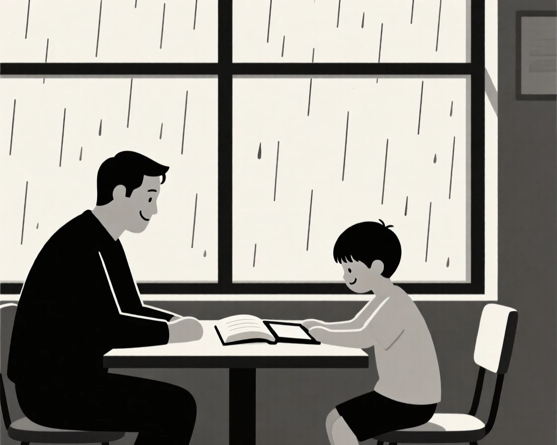 Two father and son working at a desk together in a rainy café window, sharing a moment of gentle happiness.