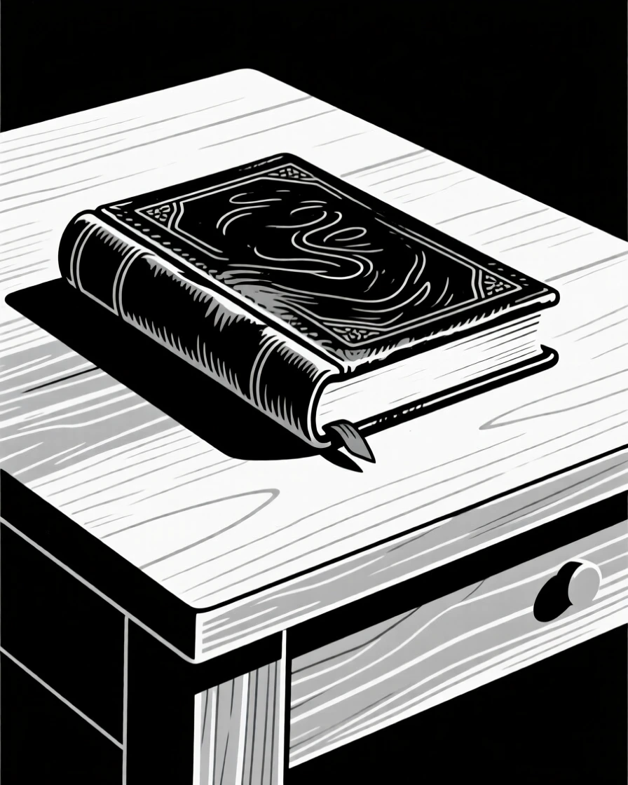 An old leather-bound book resting on a wooden desk.