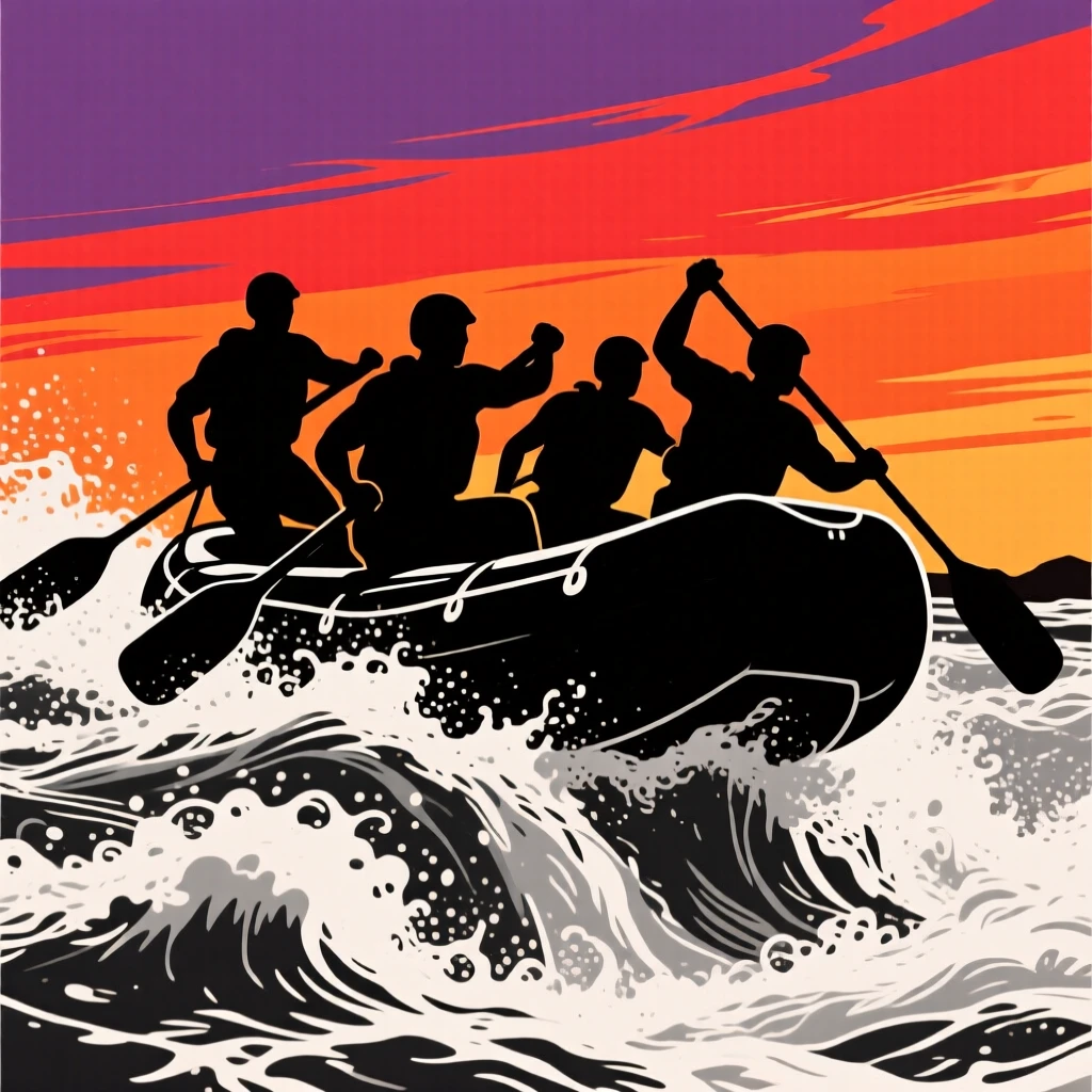 A rafting team paddling hard through churning white-water rapids.