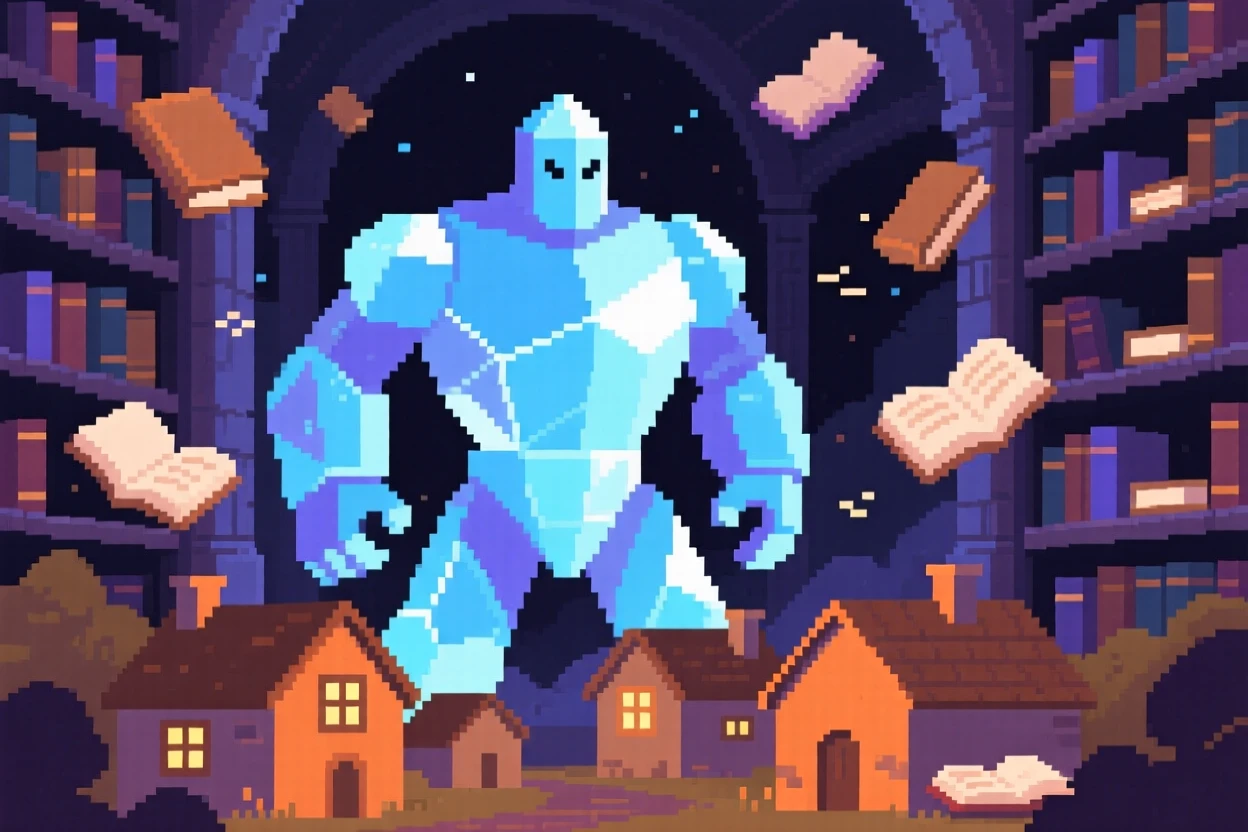 A crystal golem glowing from within watching over a sleeping village at night, in a library filled with floating books.